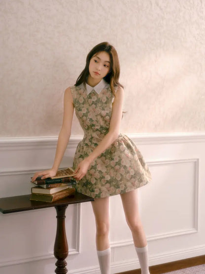 Rose Oil Painting Shirt Collar Sleeveless Dress【s0000014340】