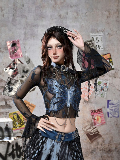 Butterfly Breast Plunge Mesh Bottom Shirt【s0000013506】