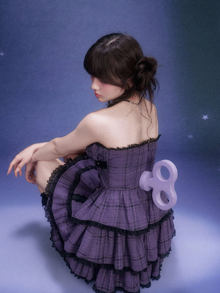 Purple Plaid Bandeau Cake Dress【s0000015757】