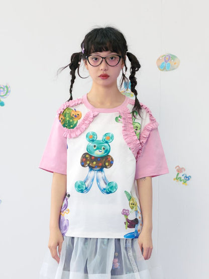 Candy print frilly lace cotton T-shirt【s0000009539】