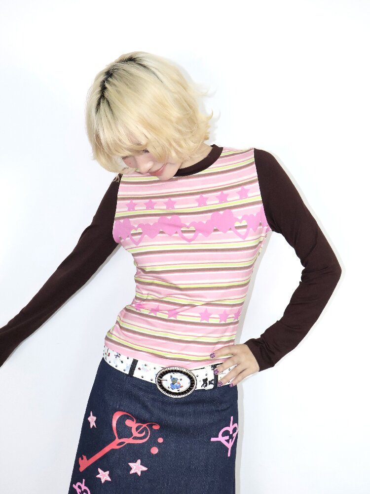 Old Asian Print Striped Elastic Top【s0000018672】