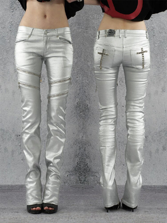 Silver Coated Studded Zip Pants【s0000016946】