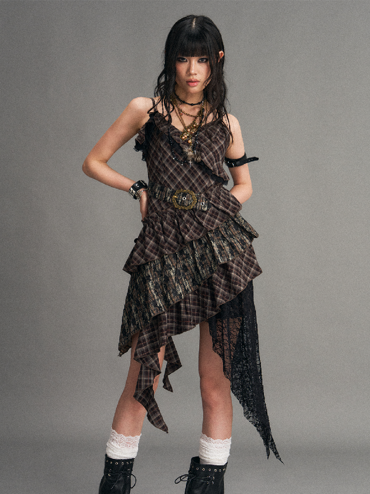 Vintage Patchwork Lace Plaid Dress【s0000017532】