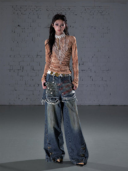 Nostalgic Print Fake Two Denim【s0000015931】