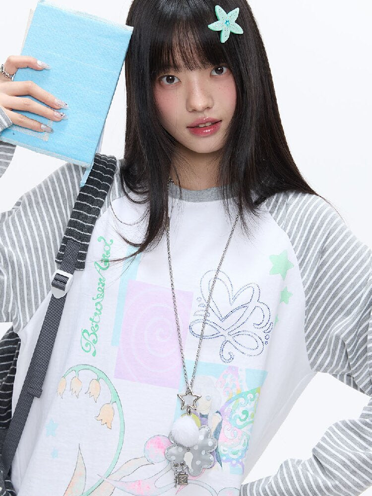 Loose Print Striped Raglan Top【s0000016378】