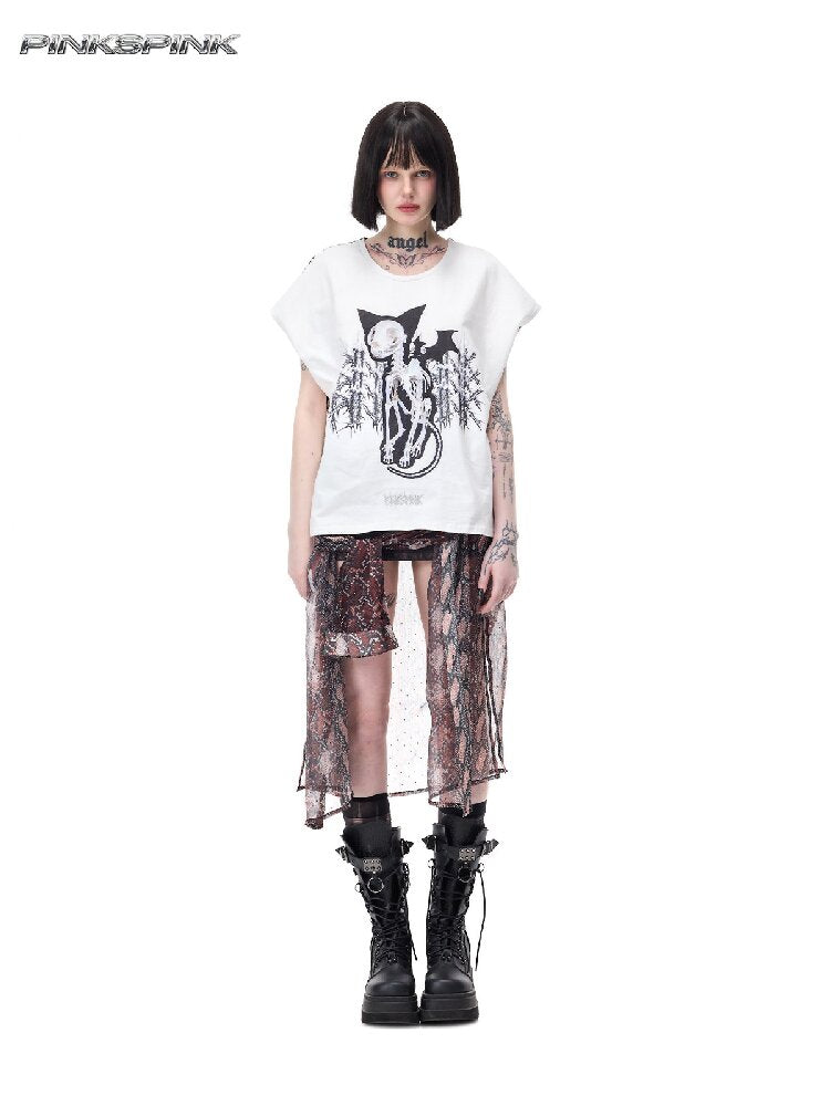 Cat Bone Print Patchwork Top【s0000017718】