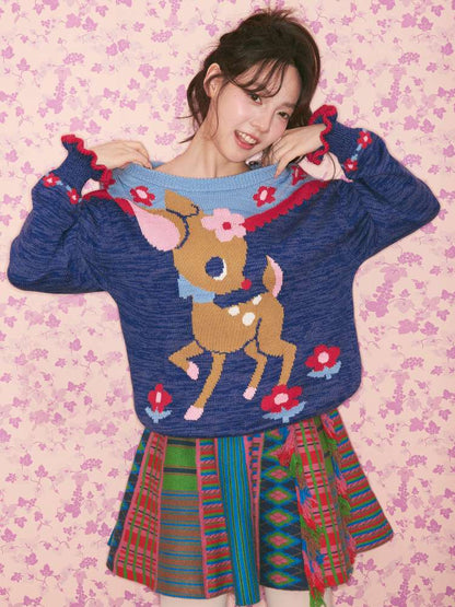 Navy Blue Off-white Fawn Sweater【s0000015025】