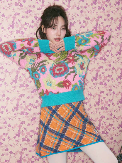 Pink Green Flower Knitted Sweater【s0000015370】