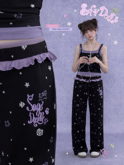 Black Purple Lace Print Trousers【s0000016649】