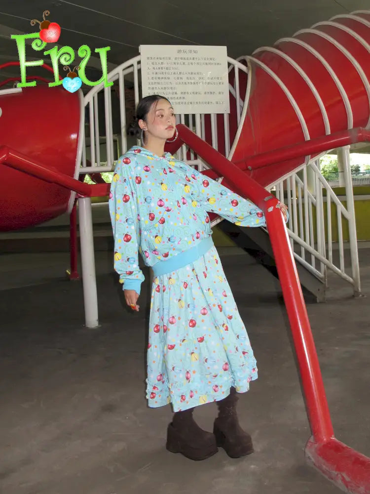 Beetle Print Blue Hoodie and Skirt Set【s0000014193】