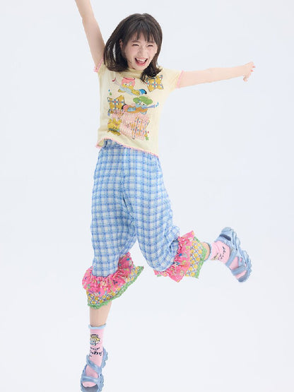 Plaid Patchwork Lace Cropped Pants【s0000017697】