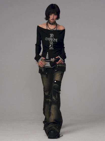 Punk Vintage Washed Drawstring Flared Pants【s0000014706】