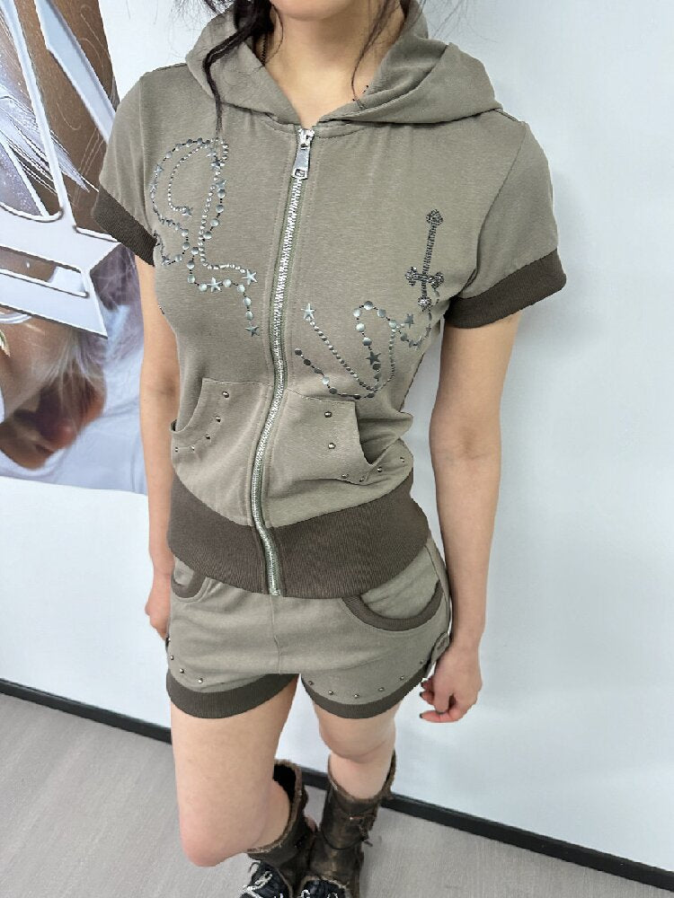 Star Chain Rivet Hooded Shorts Set【s0000018050】