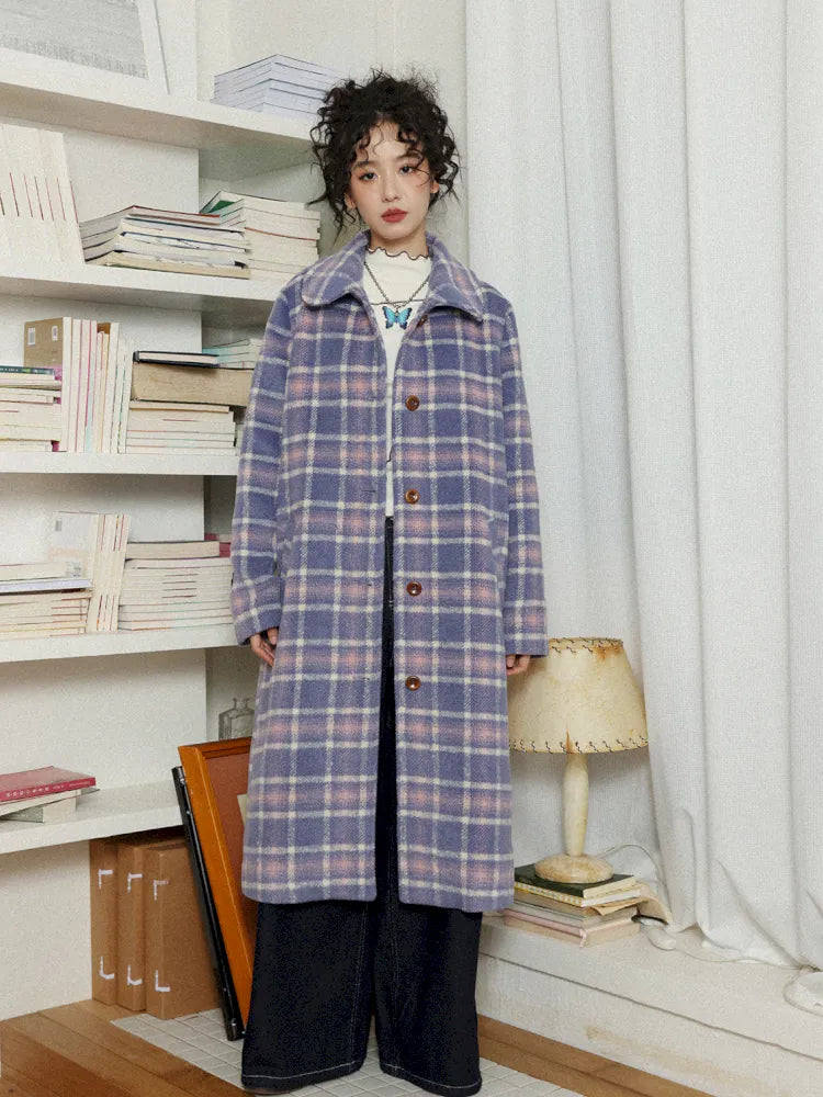Plaid Long Purple Wool Coat【s0000013986】