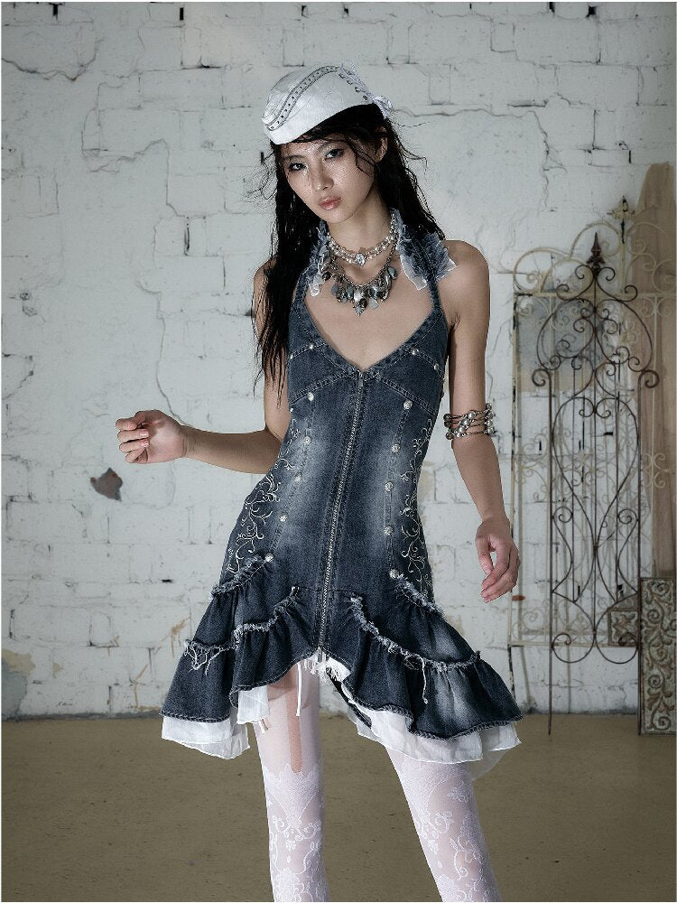 Court Embroidered Denim Mermaid Dress【s0000016983】