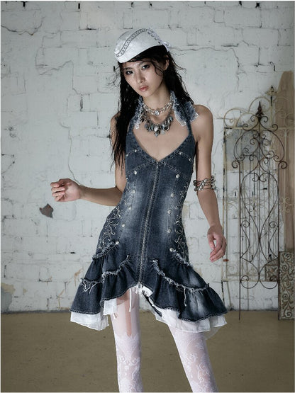 Court Embroidered Denim Mermaid Dress【s0000016983】