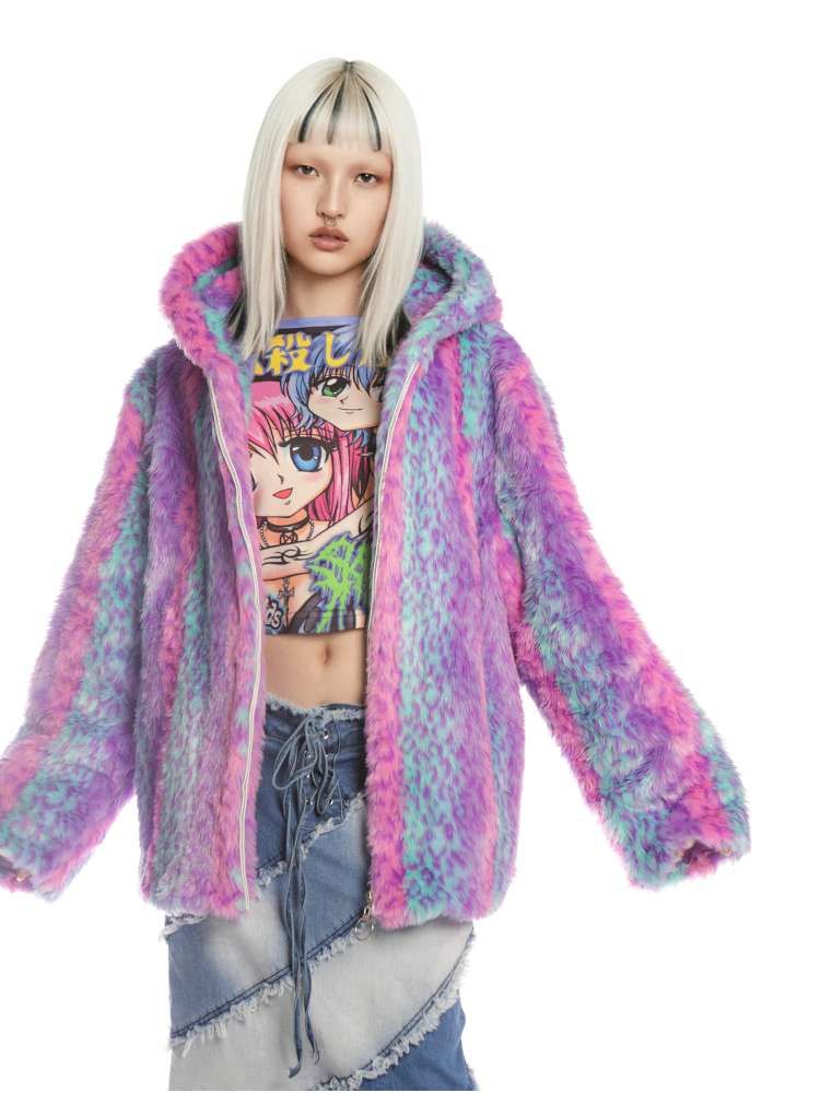 Colorful Leopard Print Plush Fur Hooded Jacket【s0000014908】