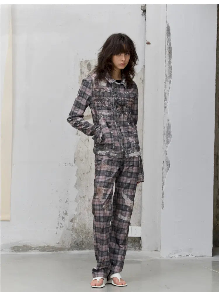 Distressed Plaid Denim Jacket【s0000014200】