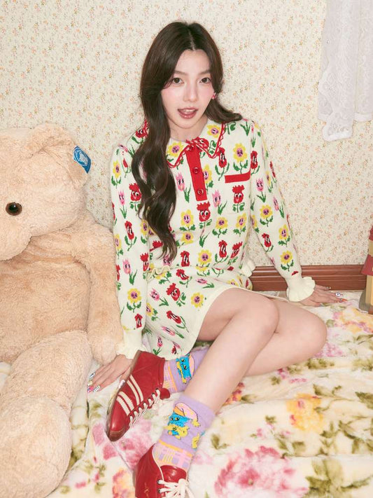 Cartoon Flower Knit Skirt Set【s0000014503】