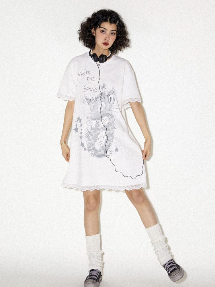 Lace Splicing Printed T-Shirt Dress [S0000008821]