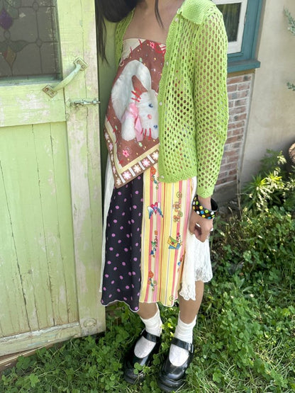 Patchwork lace print polka dot pleated skirt【s0000012769】