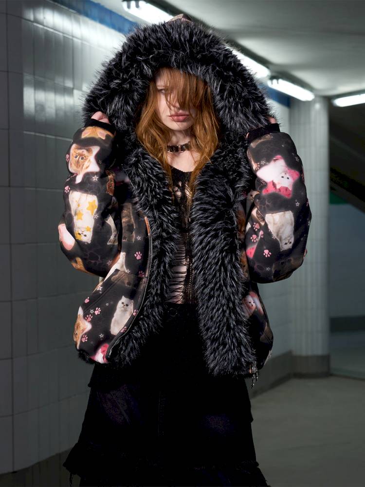 Cat Print Reversible Fleece Jacket【s0000014414】