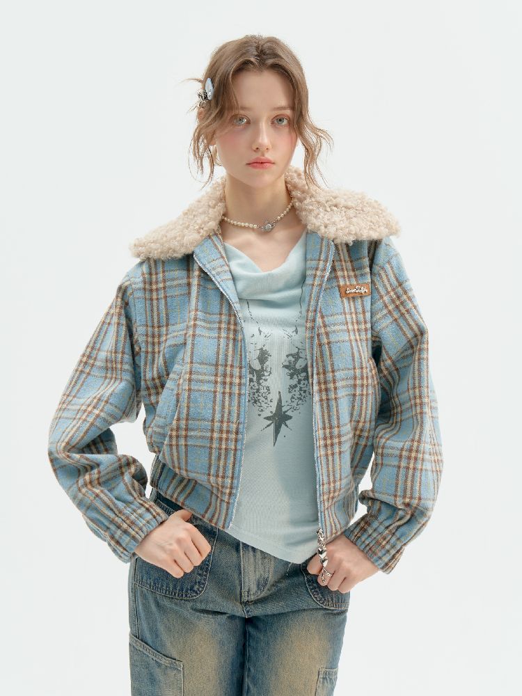 모피 칼라 슬림 블루 격자 무늬 짧은 코트 [S0000011507]