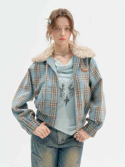 모피 칼라 슬림 블루 격자 무늬 짧은 코트 [S0000011507]