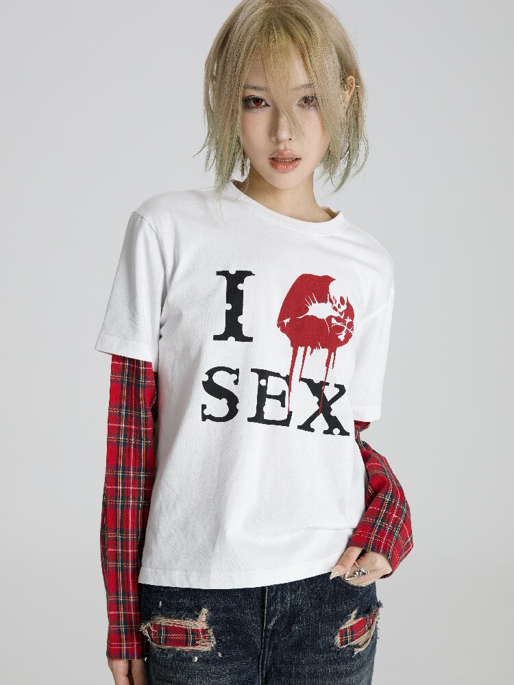 Red Plaid Patchwork Long T-Shirt【s0000018566】