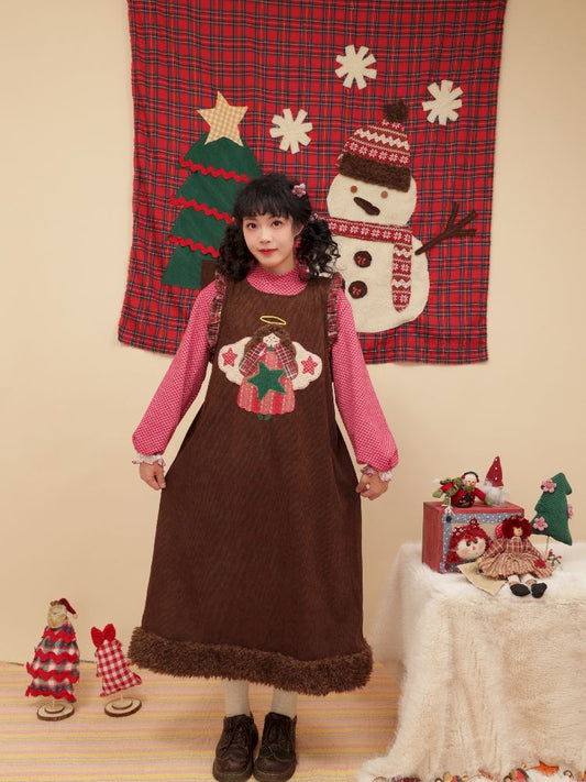Cherub Color Plaid Appliqué Corduroy Vest Dress【s0000005577】