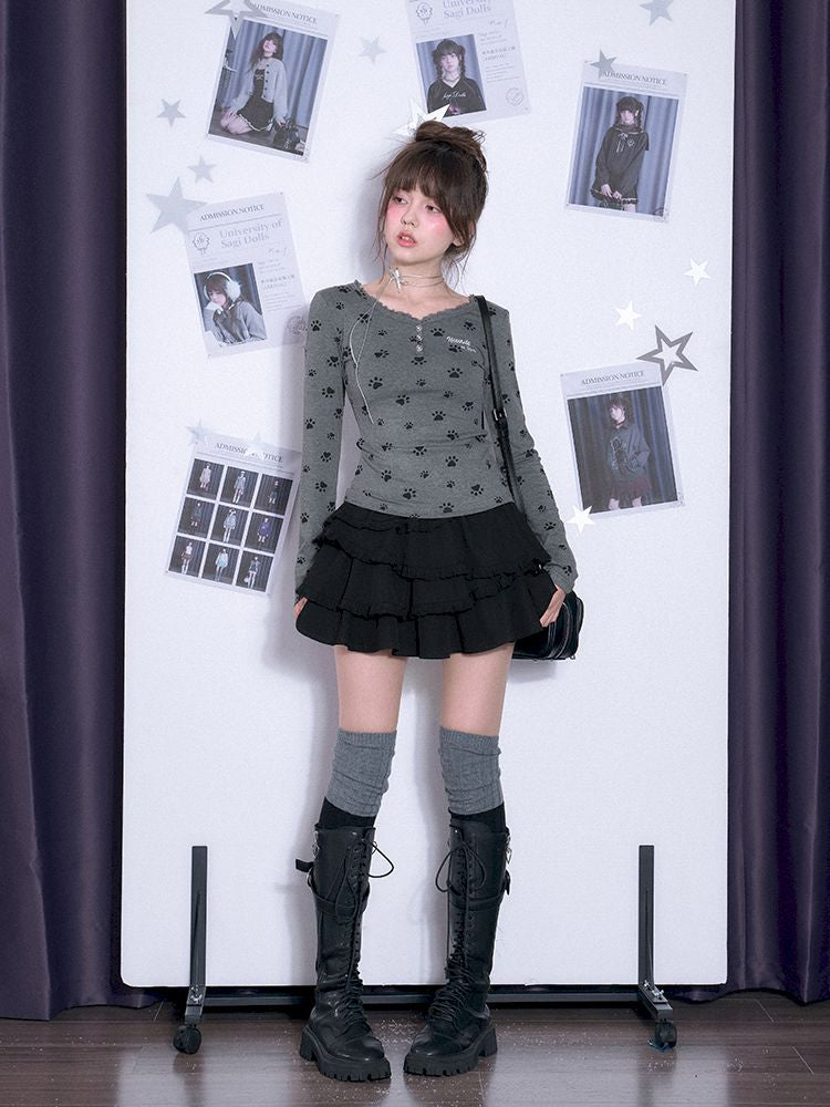 V-neck Long Sleeve Slim Printed Gray T-shirt【s0000011663】