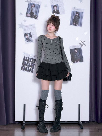 V-neck Long Sleeve Slim Printed Gray T-shirt【s0000011663】