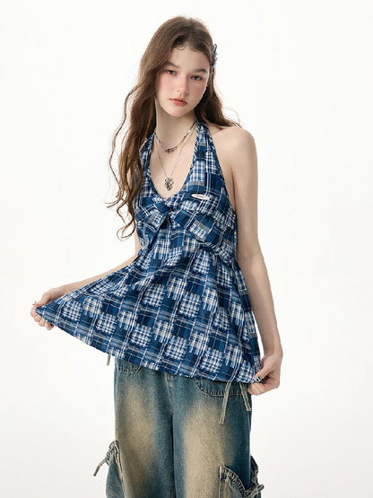 Plaid Twisted Halter Camisole【s0000017309】