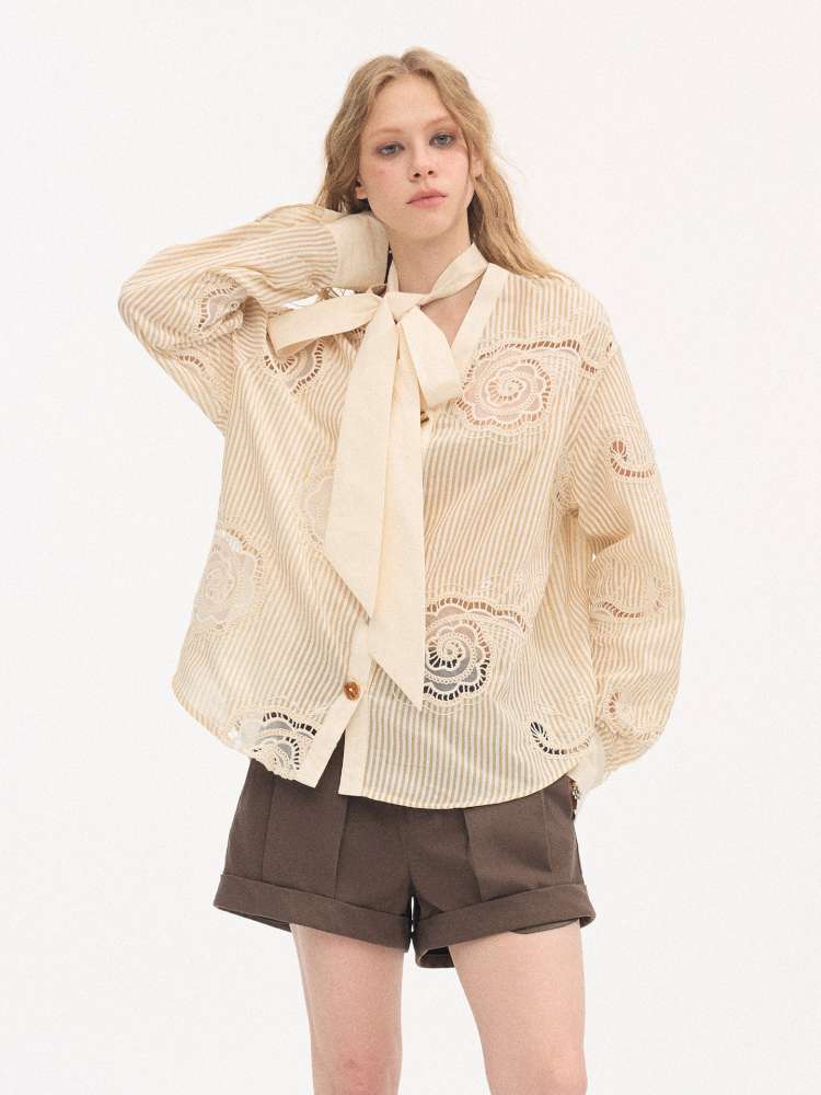 Strappy Bow Embroidered Shirt【s0000015410】