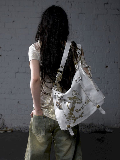 Gold foil print heavy-duty leather shoulder bag【s0000012778】