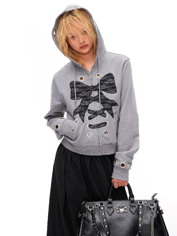 Lace Bow Rivet Distressed Jacket【s0000016495】