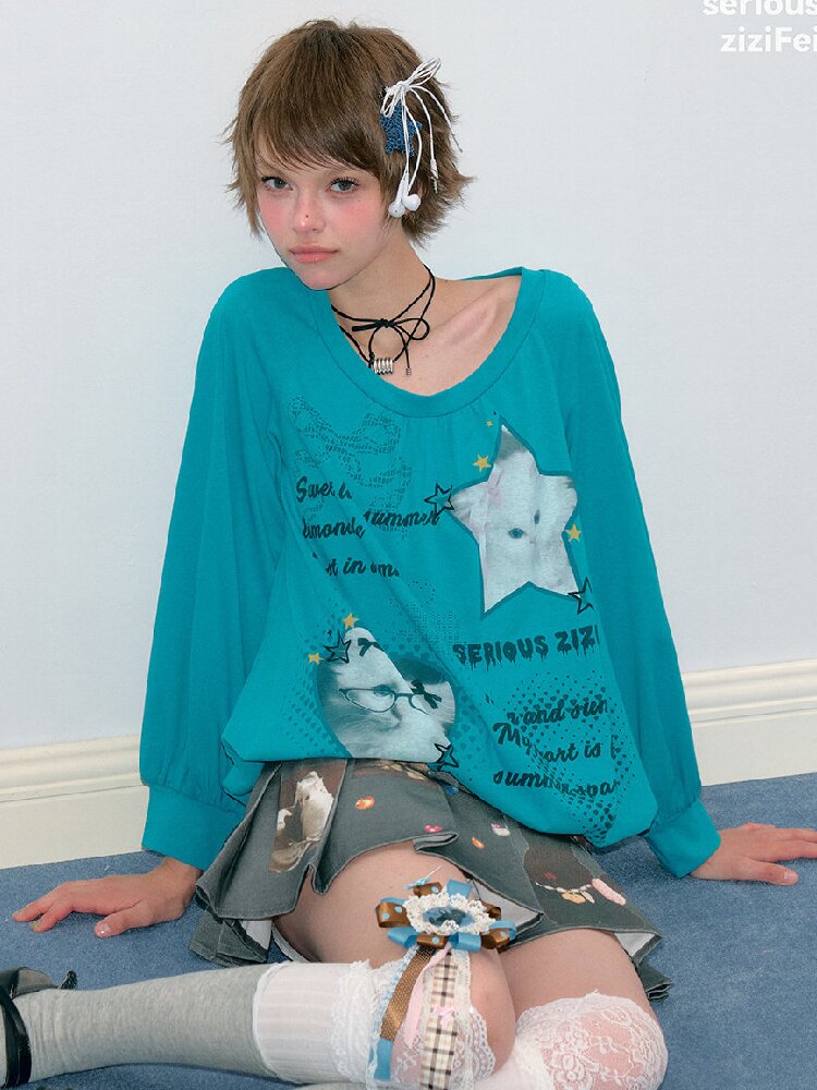 Lantern Sleeve Cat Print T-Shirt【s0000017877】
