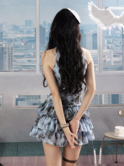 Plaid Ruffled Waist Slimming Dress【s0000016540】