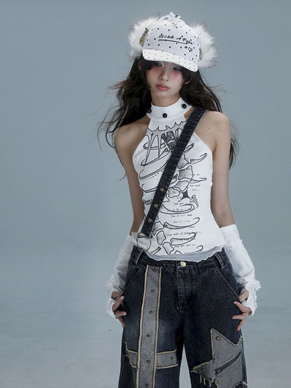 White Skinny Neck Tank Top【s0000013487】