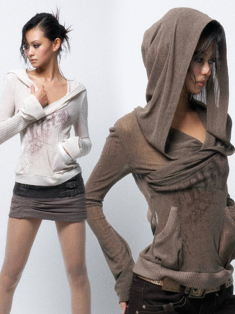 Two-Tone Crossover Print Hooded Top【s0000016062】