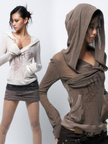 Two-Tone Crossover Print Hooded Top【s0000016062】