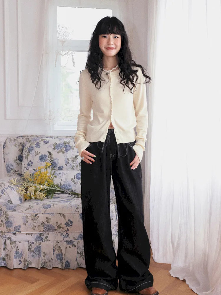 Washed elastic-waist wide-leg long jeans【s0000013990】