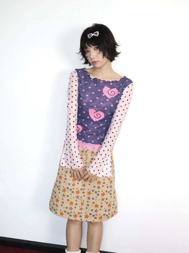 Pink Blue Mesh Flared Sleeve Top【s0000018675】