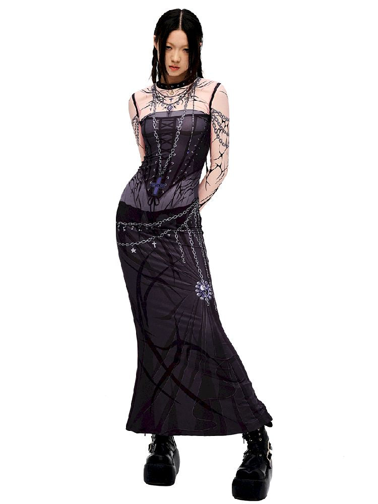 Witch Print Long Sleeve Fishtail Dress [S0000010231]