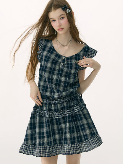 Spliced Plaid Flying Sleeve Dress【s0000016844】