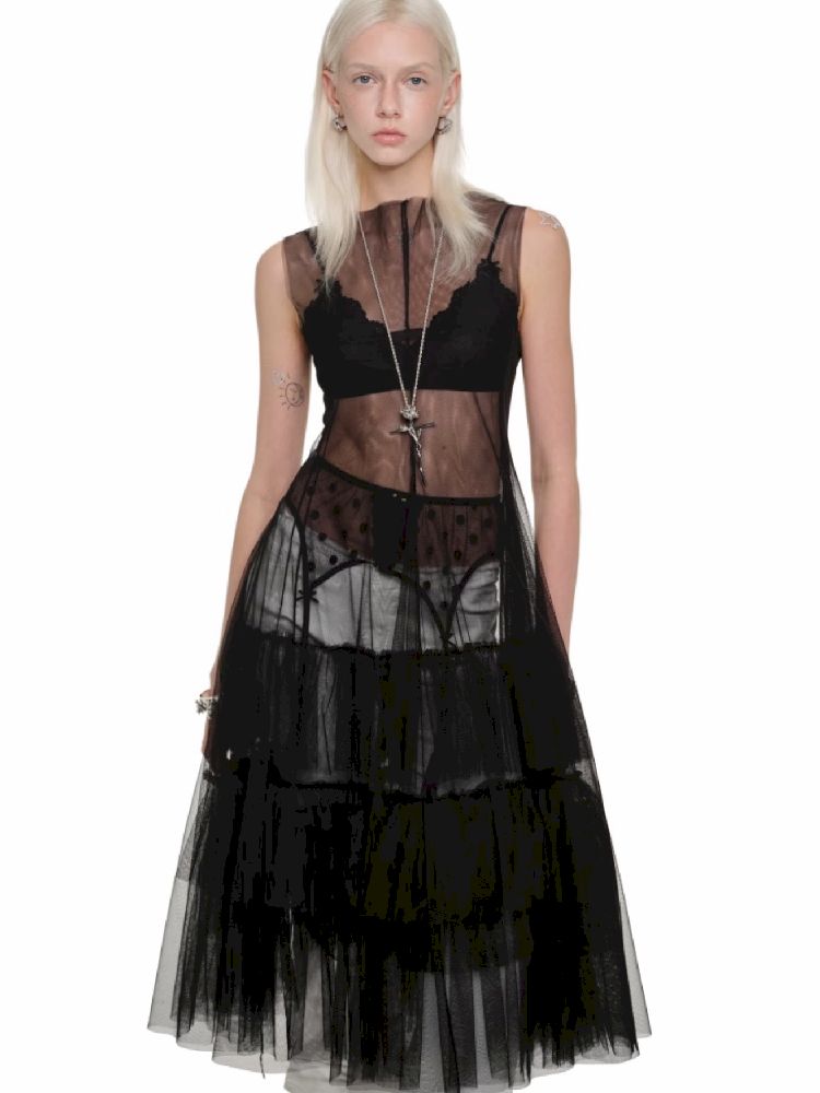 Mesh Sheer Layered Sleeveless Dress【s0000011564】