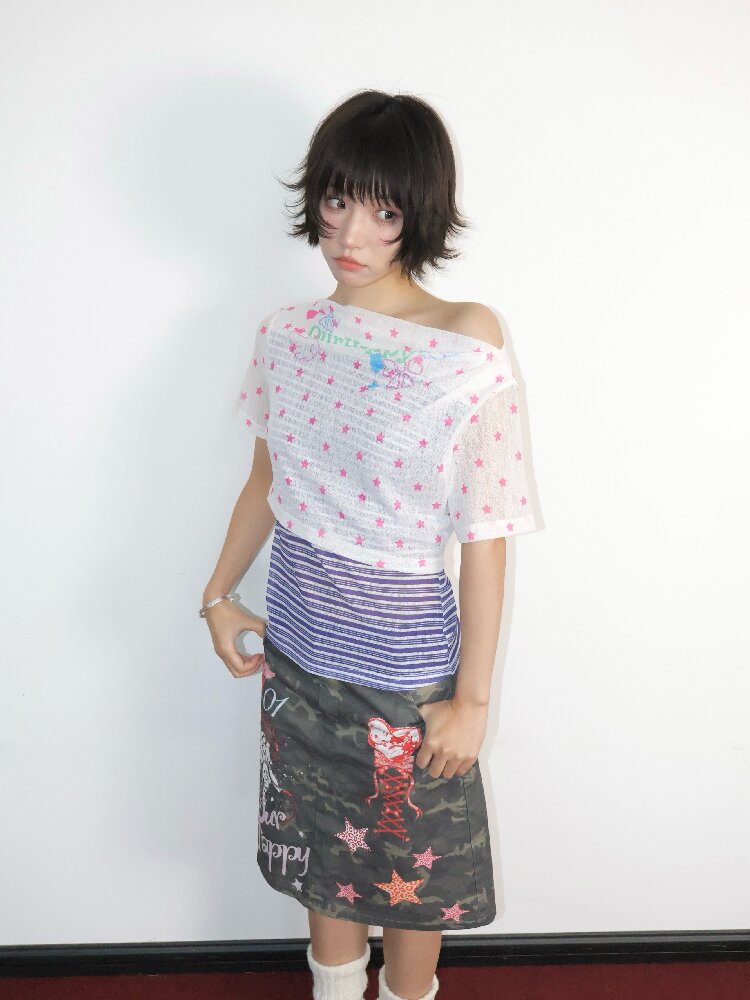 Y2K Star Mesh Elastic Short Top【s0000018677】