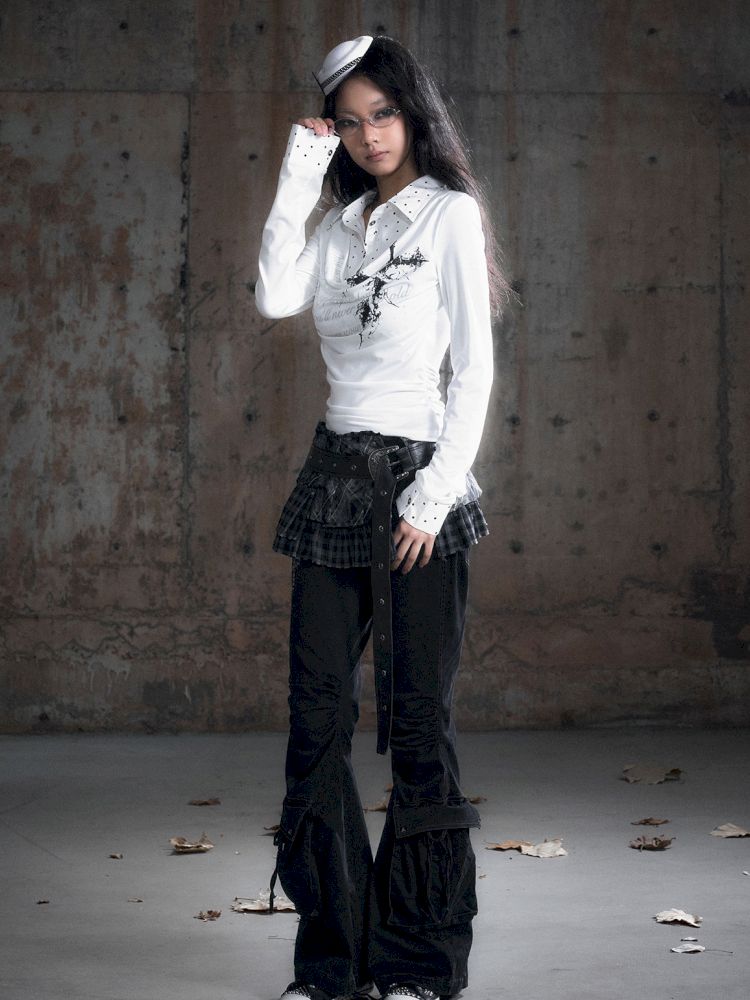 Plaid Tie-Dye Black Swing Neck Long Sleeve Blouse【s0000013887】