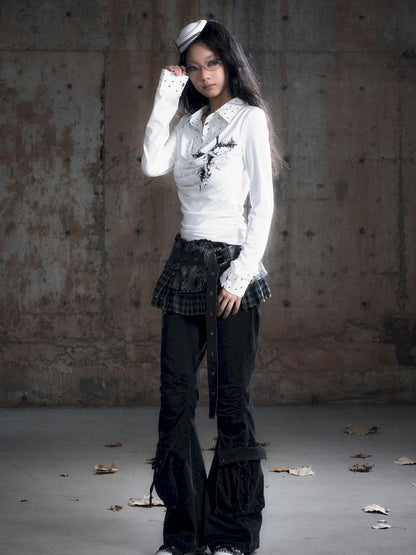 Plaid Tie-Dye Black Swing Neck Long Sleeve Blouse【s0000013887】