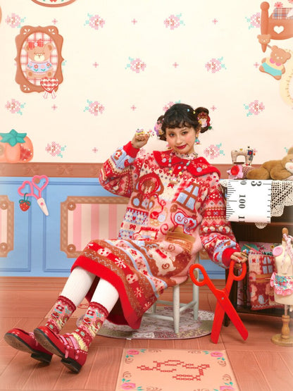 Red Sewing Bear Mink Fleece Sweater【s0000015583】